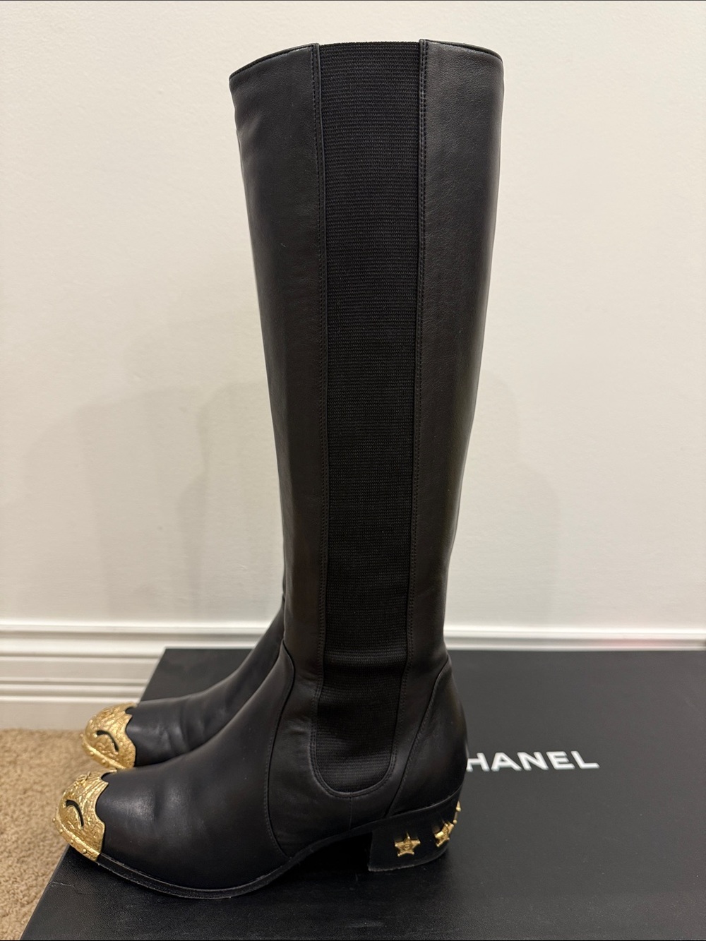 Chanel Runway Black Leather Knee High Boots Gold CC Cap Toe Western Hardware 37 - Picture 3 of 13